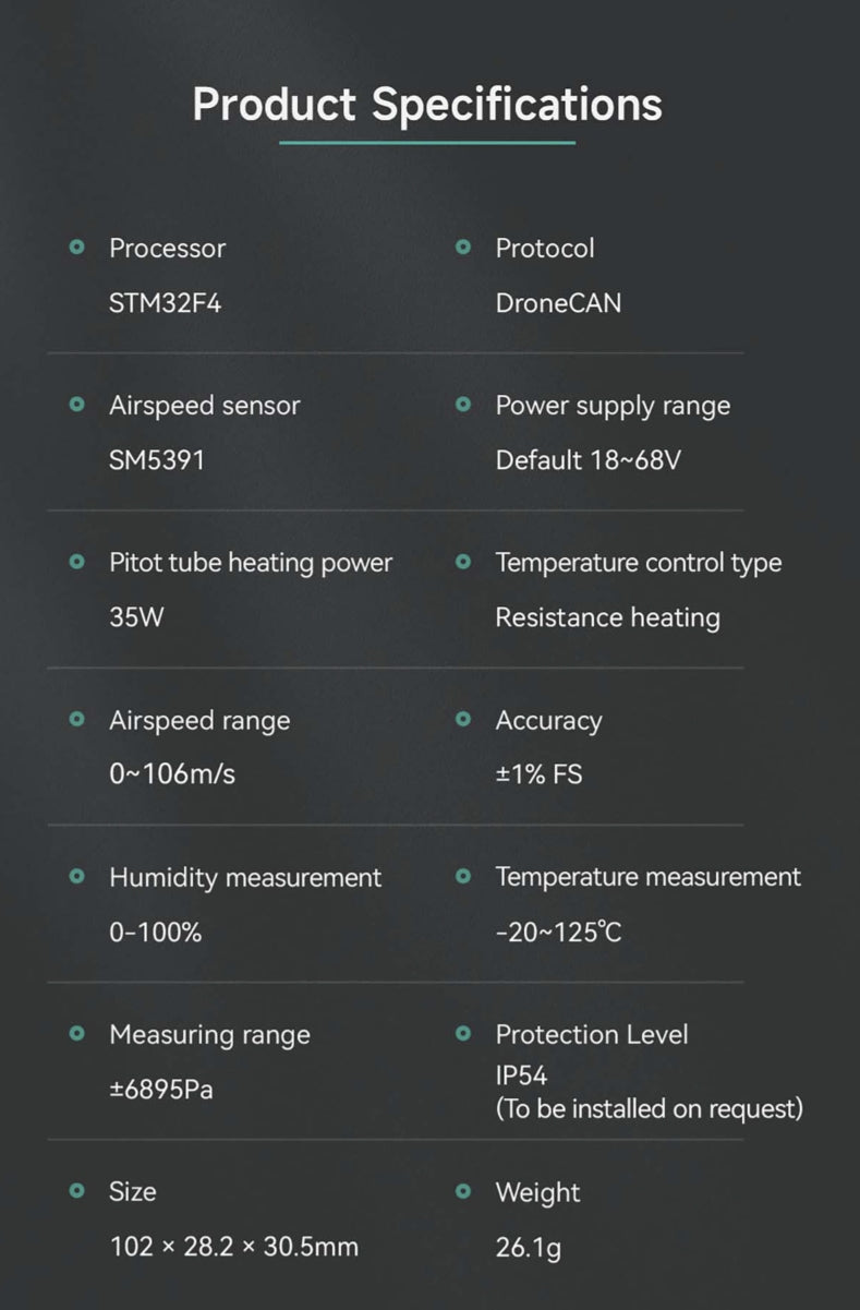 CUAV SKYE 2 Airspeed Sensor, The CUAV Skye 2 Airspeed features a processor, drone protocol, airspeed sensor, and temperature control, with an accuracy of ±106m/s.