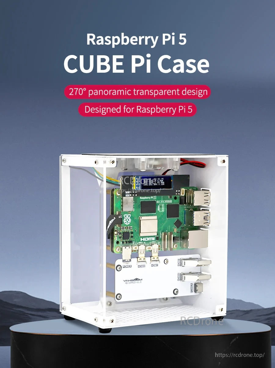 CUBE Pi Protective Case installed on Raspberry Pi 5 with 270° panoramic transparent acrylic panels