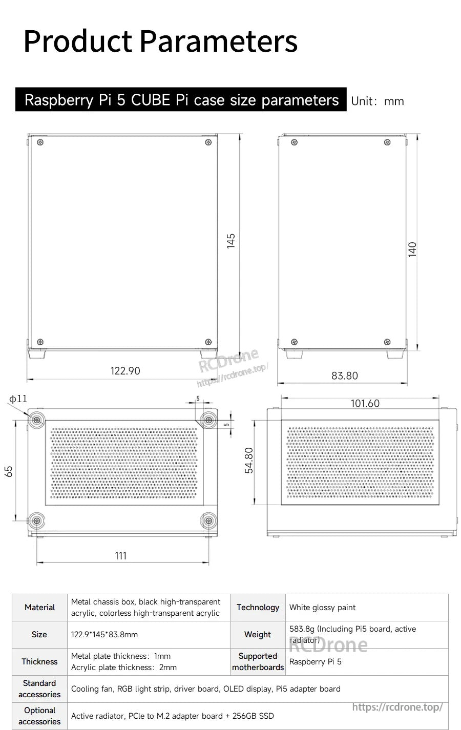 Technical dimension drawing with case measurements and material notes for Raspberry Pi 5 cube enclosure