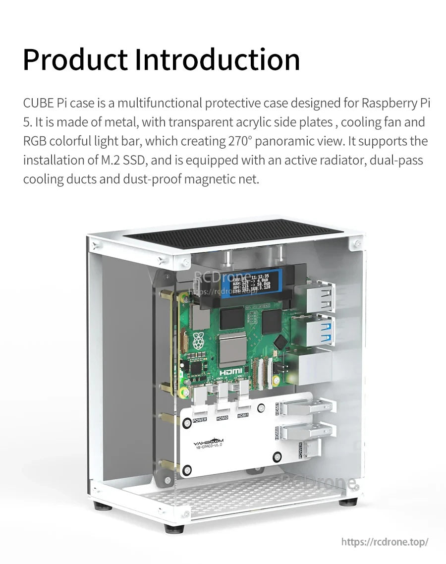 Raspberry Pi 5 mounted inside the panoramic metal chassis case with clear acrylic sides and top dust filter