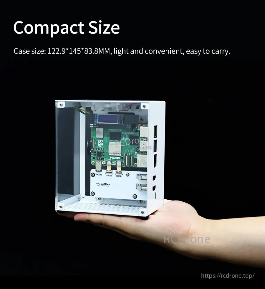 Handheld size view of the compact Raspberry Pi 5 enclosure for desk or travel use