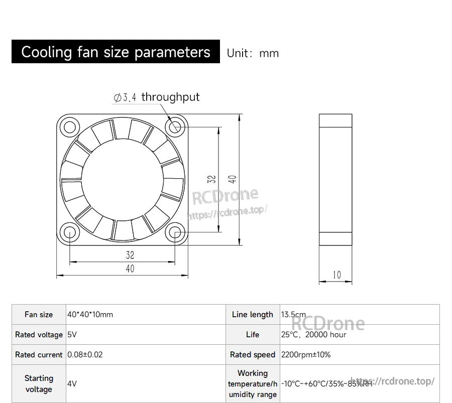 Cooling fan size parameters diagram with 40×40×10 mm dimensions, Ø3.4 mm mounting holes, and spec table