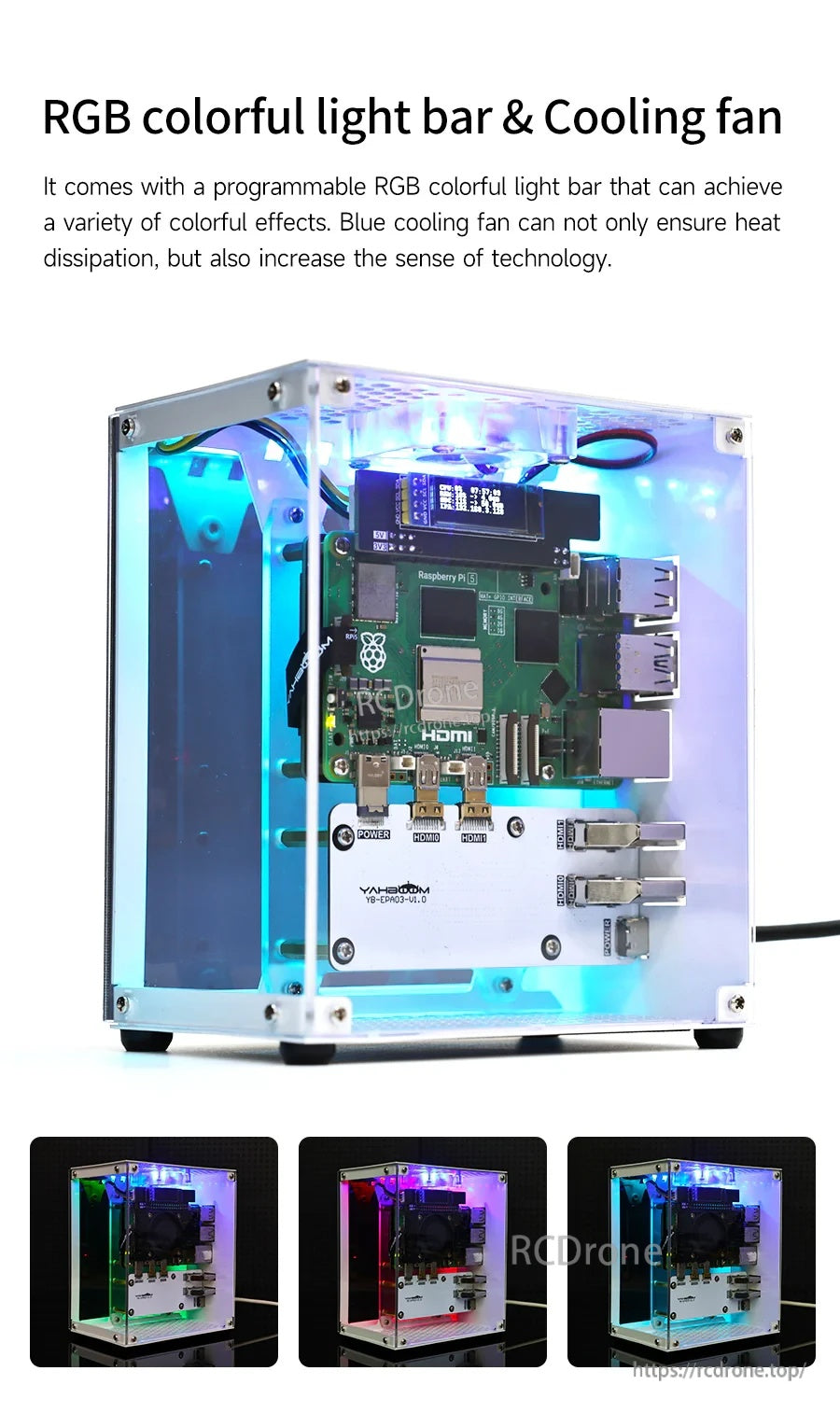 CUBE Pi Protective Case lighting view with RGB light bar glow and blue cooling fan installed