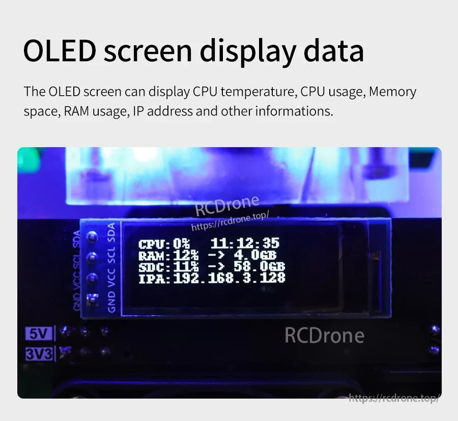 Close-up of 0.91-inch OLED screen displaying CPU and system status data in the case