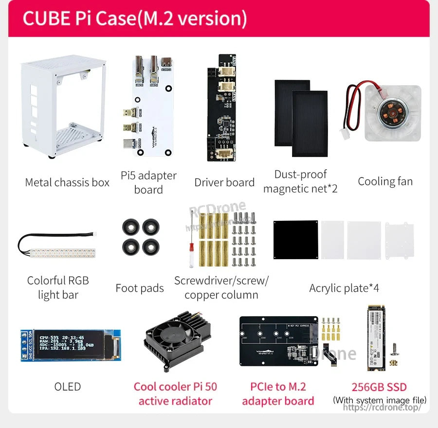 CUBE Pi Case (M.2 version) kit with metal chassis, Pi 5 adapter, PCIe to M.2 board, fan, radiator and SSD