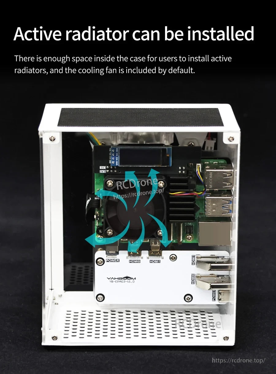 Front view with fan airflow arrows indicating space for optional active radiator installation inside the case