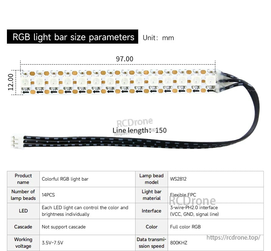 RGB LED light bar size diagram showing 97 mm length, WS2812 LEDs on flexible FPC, with 150 mm wire lead