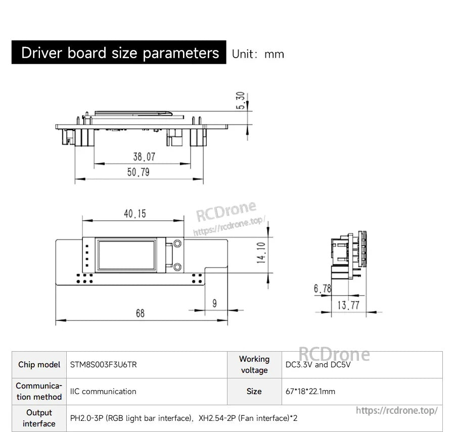 Driver board size parameters diagram with 68 mm length, 14.10 mm height, and interface layout with spec table