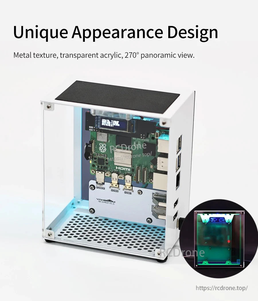 Angled view of the case highlighting metal texture, transparent acrylic panels, perforated base, and panoramic look