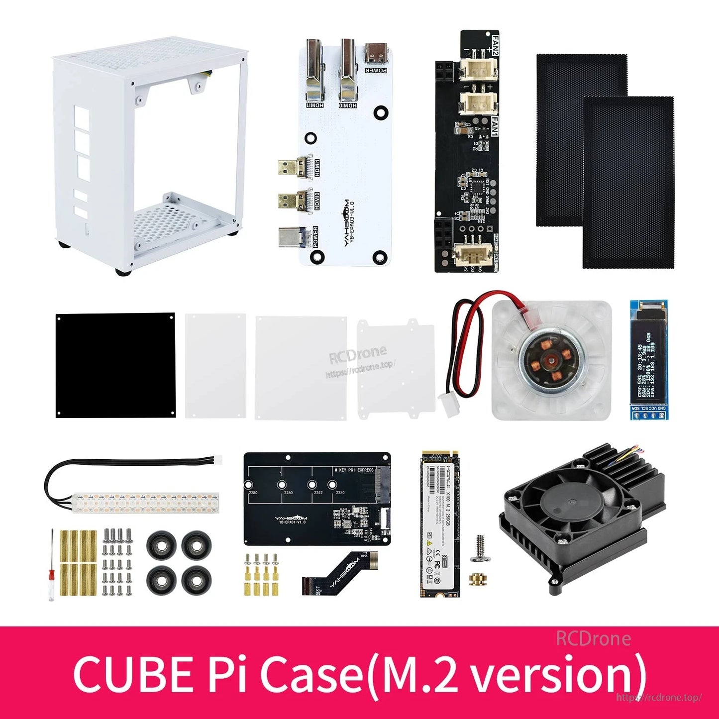 CUBE Pi Case M.2 version kit contents showing enclosure, boards, acrylic panels, fan module and M.2 board parts