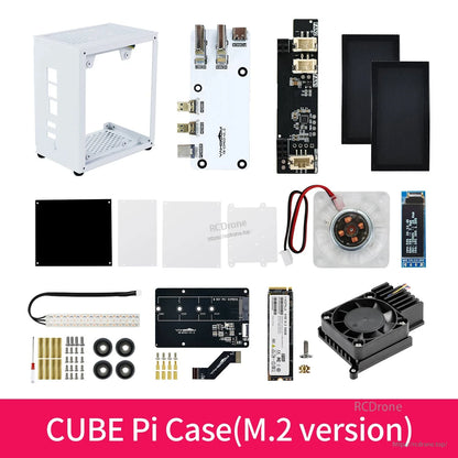 CUBE Pi Case M.2 version kit contents showing enclosure, boards, acrylic panels, fan module and M.2 board parts