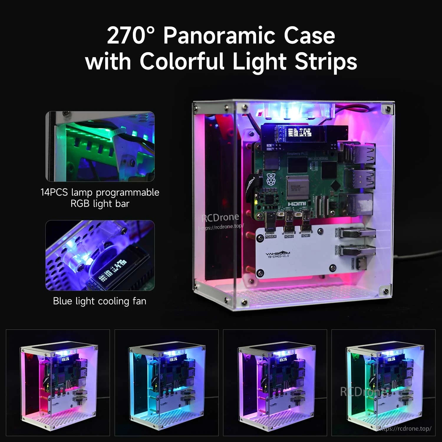 CUBE Pi Protective Case 270° panoramic acrylic case with RGB light strips, illuminated view from front-right