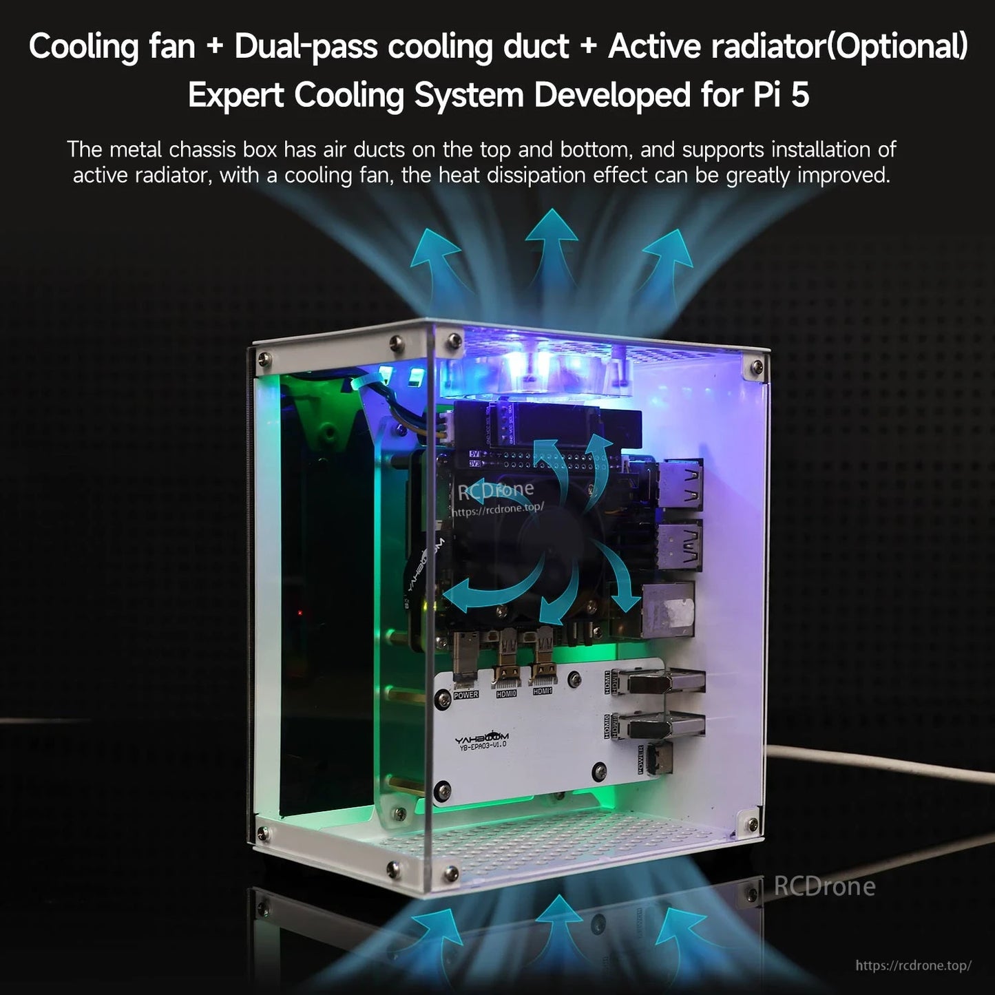 Cooling airflow diagram showing fan and top/bottom vents on the case for Raspberry Pi 5 setup