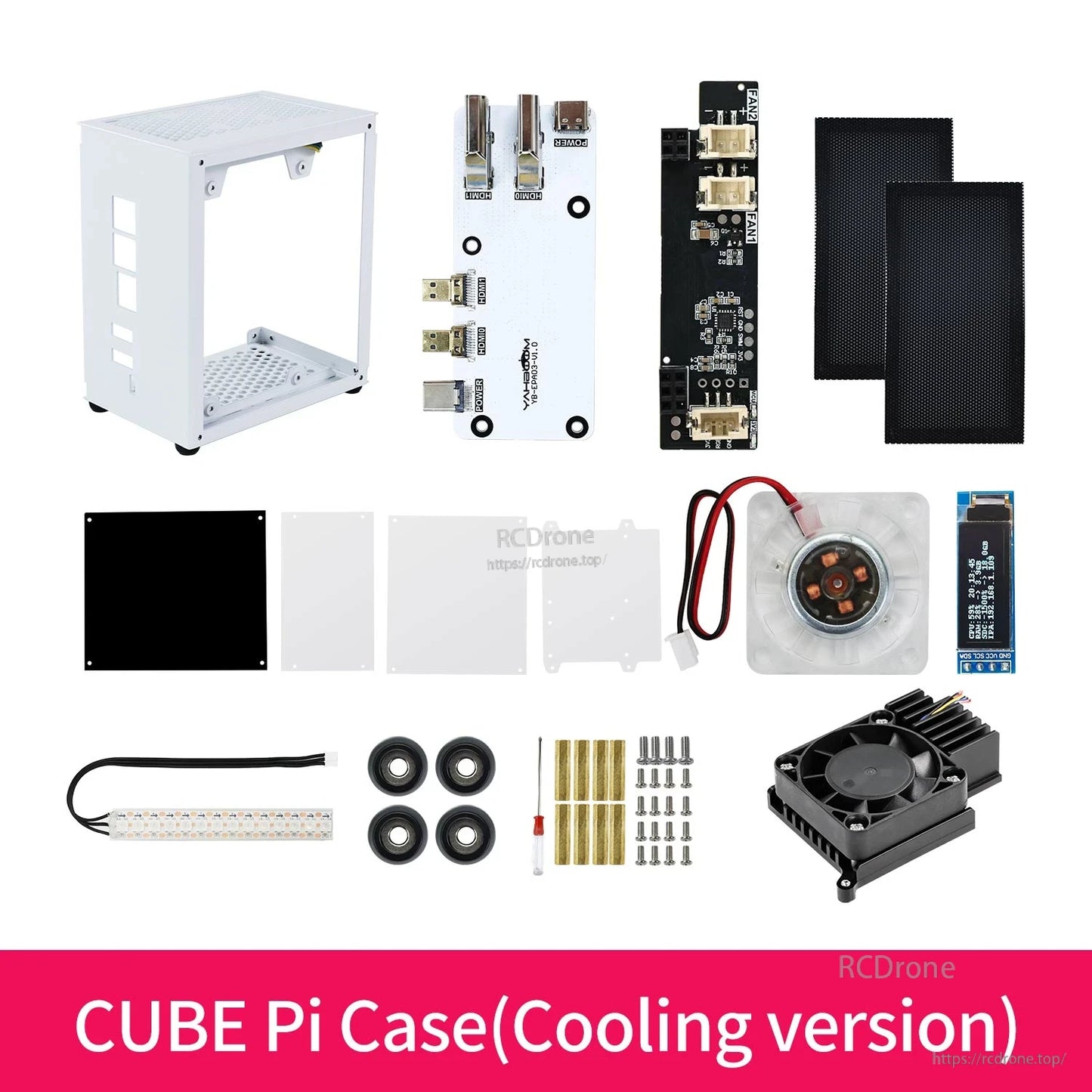 CUBE Pi Case cooling version kit contents with added heatsink fan module shown in the parts layout