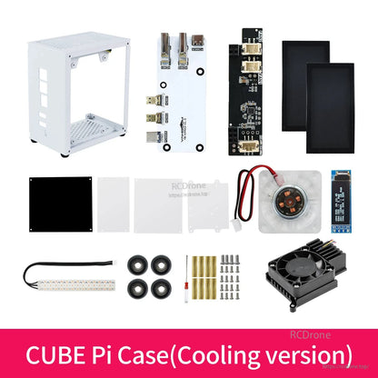CUBE Pi Case cooling version kit contents with added heatsink fan module shown in the parts layout