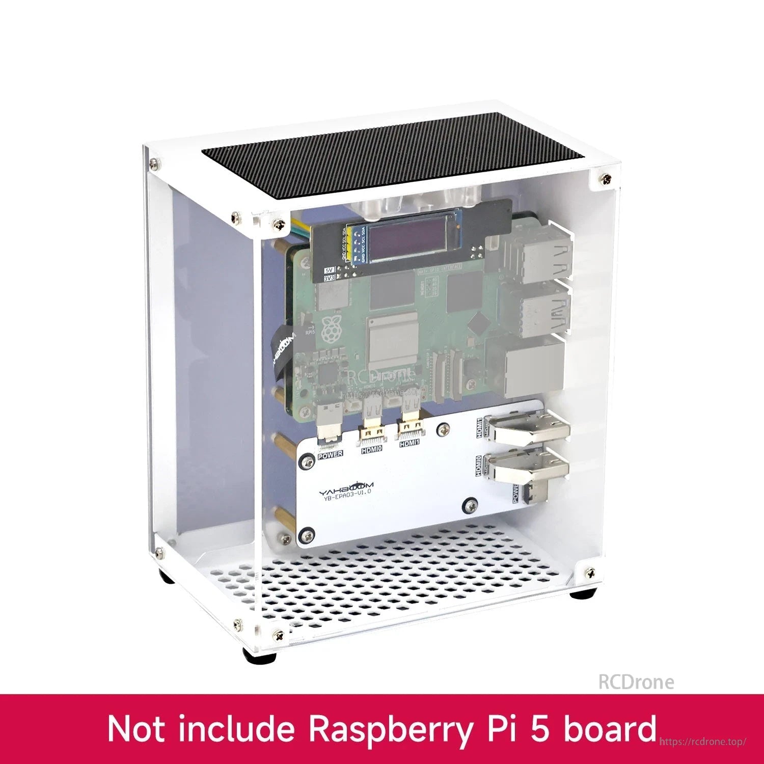 Front view of empty case with acrylic panels and vented base; note indicates Raspberry Pi 5 board not included