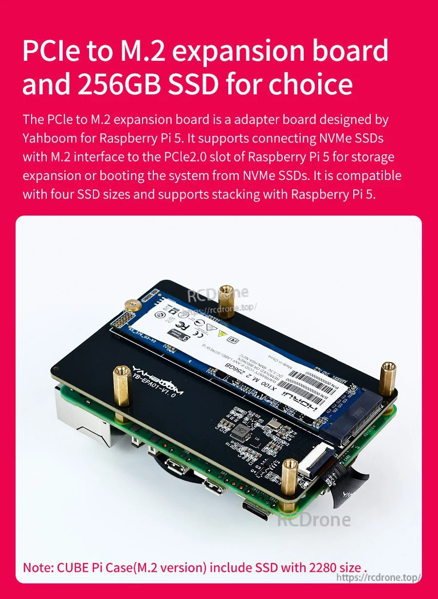 PCIe to M.2 expansion board with NVMe SSD installed, for Raspberry Pi 5 storage expansion options