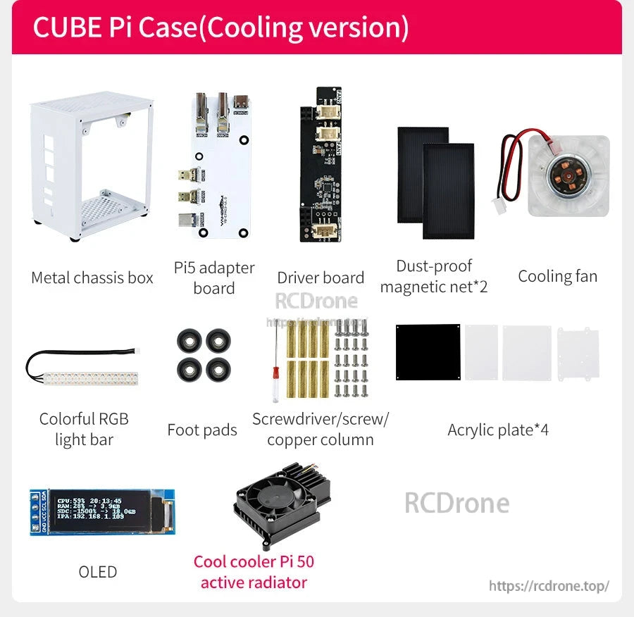 CUBE Pi cooling protective case kit with metal chassis, adapter/driver boards, fan, dust-proof nets, RGB bar and screws