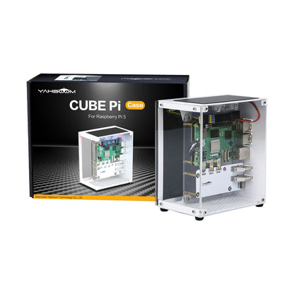 CUBE Pi Protective Case acrylic enclosure shown with retail box, angled view with Raspberry Pi 5 installed