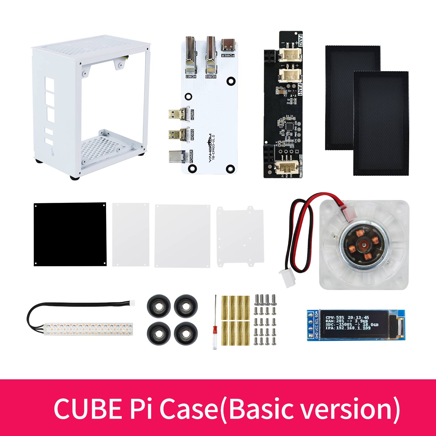 CUBE Pi Case basic version kit contents laid out: enclosure, boards, acrylic panels, light strip, fan and hardware
