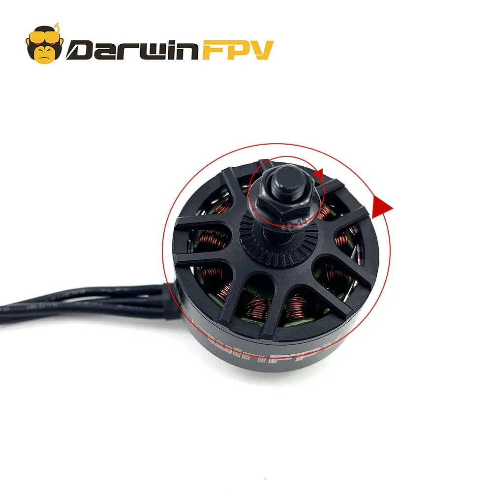 CW rotation direction graphic showing arrow around motor bell and shaft for spin direction reference
