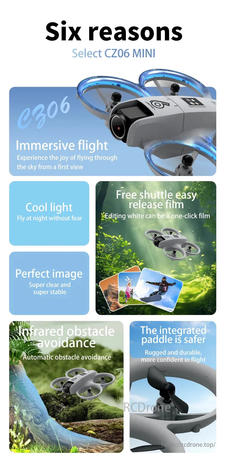 CZ06 Mini Drone, CZ06 MINI offers immersive flight, night lights, quality images, editing tools, obstacle avoidance, and safe paddles for confident flying.