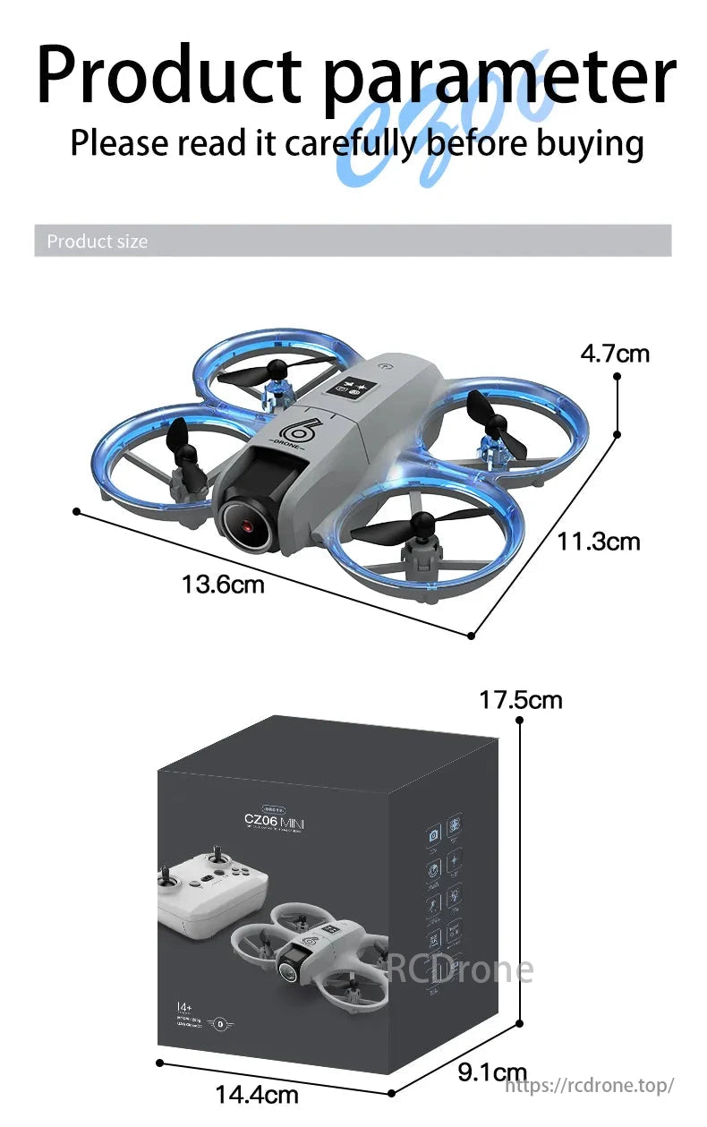 CZ06 Mini Drone, Read parameters before buying: product size 13.6x11.3x4.7 cm, box size 14.4x9.1x17.5 cm.