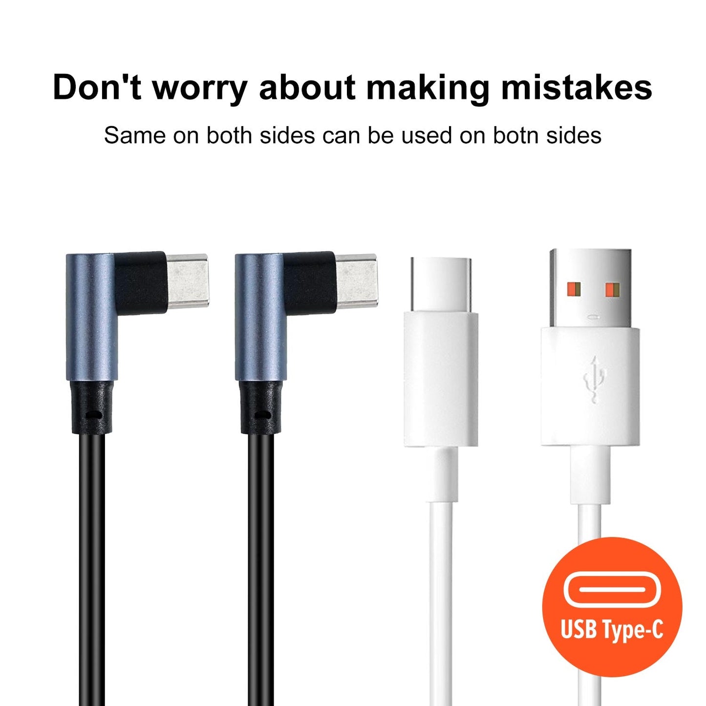 Graphic showing correct plug orientation for reversible Type-C ends and USB-A to Type-C cable connectors