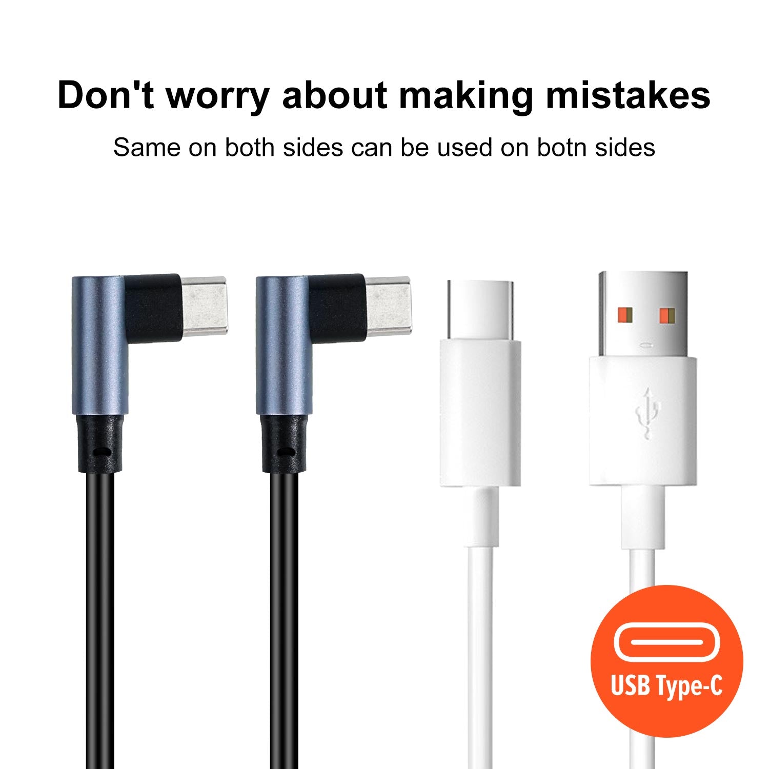 Graphic showing correct plug orientation for reversible Type-C ends and USB-A to Type-C cable connectors