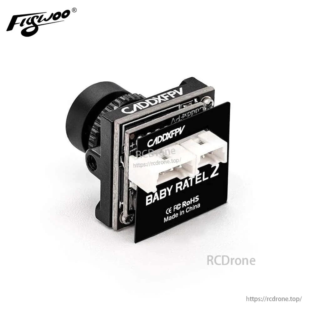 Caddx Baby Ratel 2 FPV Camera, CaddxFPV Baby Ratel 2 FPV camera with lens housing and rear board featuring dual white plug connectors