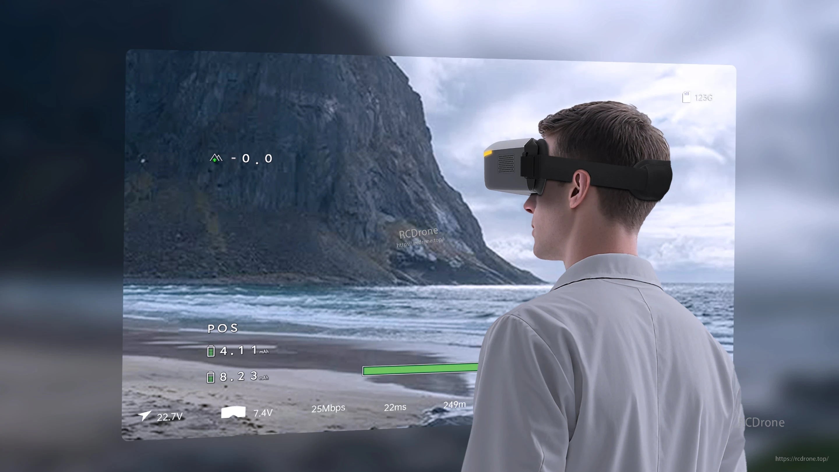 CaddxFPV, Man wearing VR headset views coastal cliff scene with telemetry data.