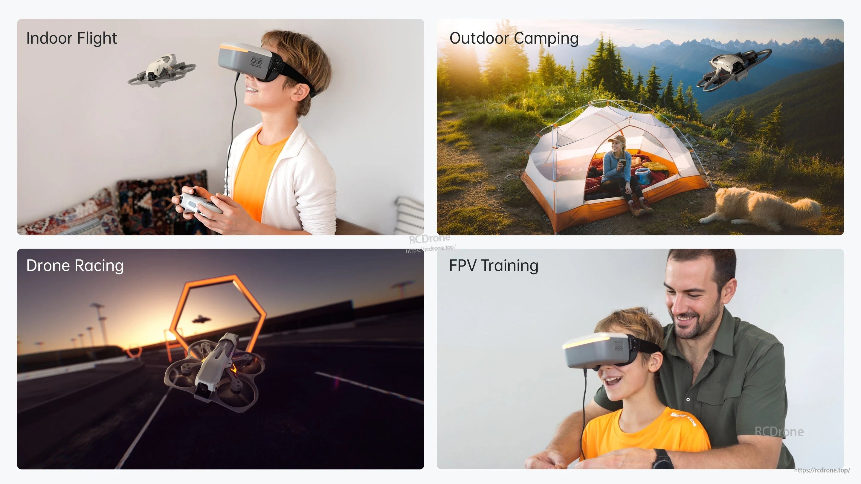 CaddxFPV, Indoor flight, outdoor camping, drone racing, FPV training scenes.