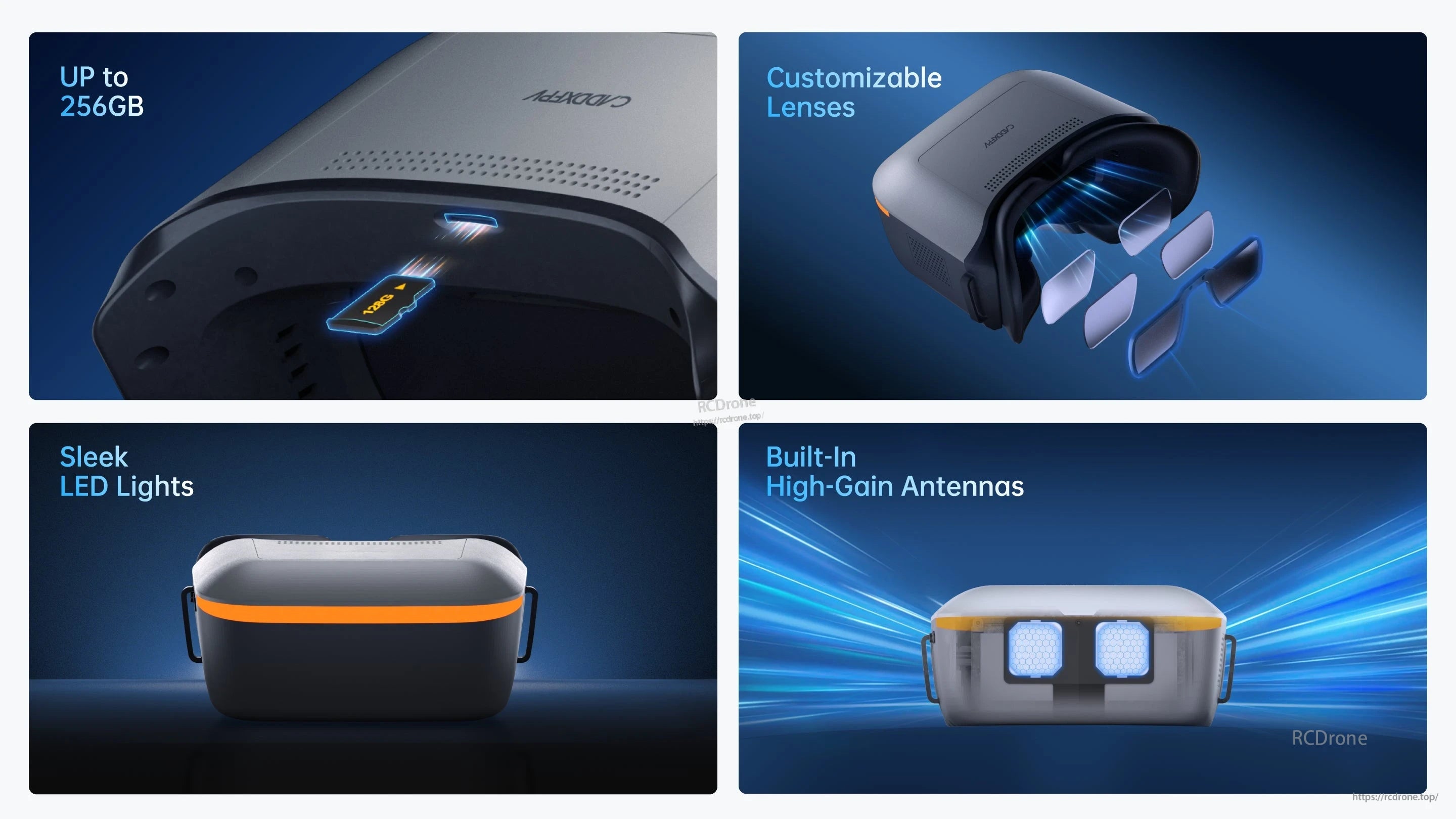 CaddxFPV features 256GB storage, customizable lenses, sleek LEDs, and built-in high-gain antennas for improved performance.