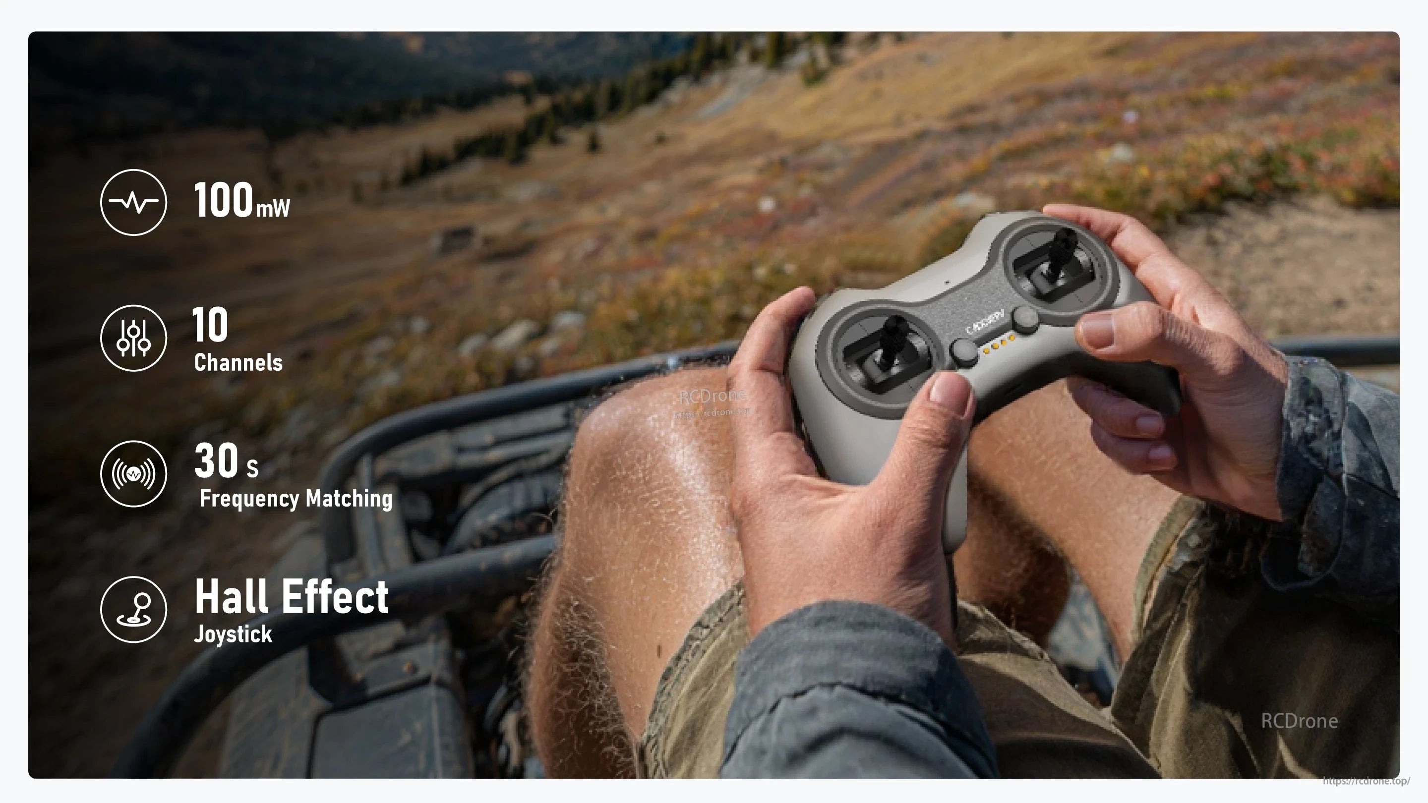 CaddxFPV controller features 100mW power, 10 channels, 30s frequency matching, and Hall Effect joysticks for precise outdoor drone control.