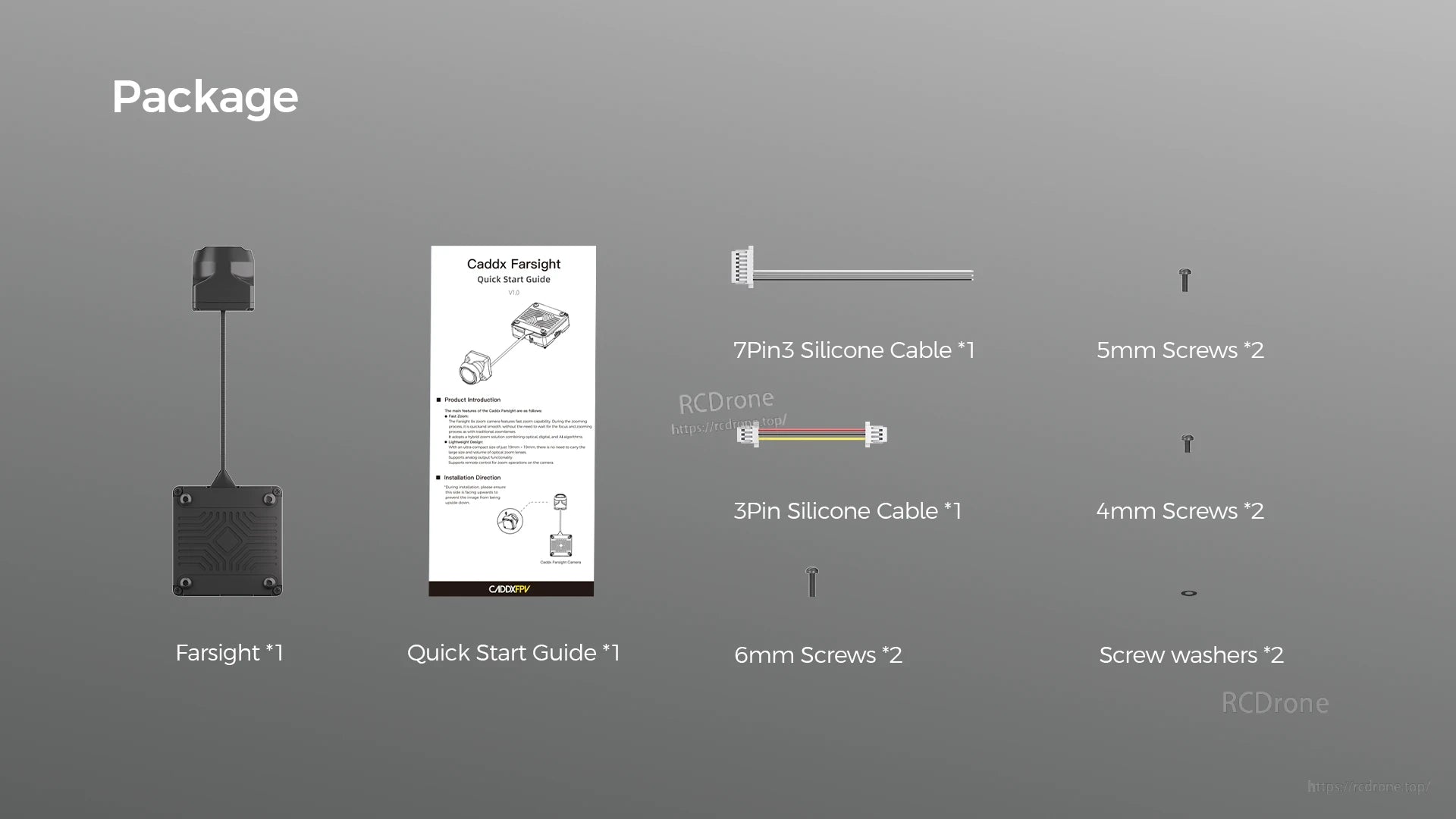 CaddxFPV Farsight Analog FPV Camera, Package includes Caddx Farsight camera, cables, screws, washers, and guide highlighting zoom, size, remote control, and correct orientation for assembly.