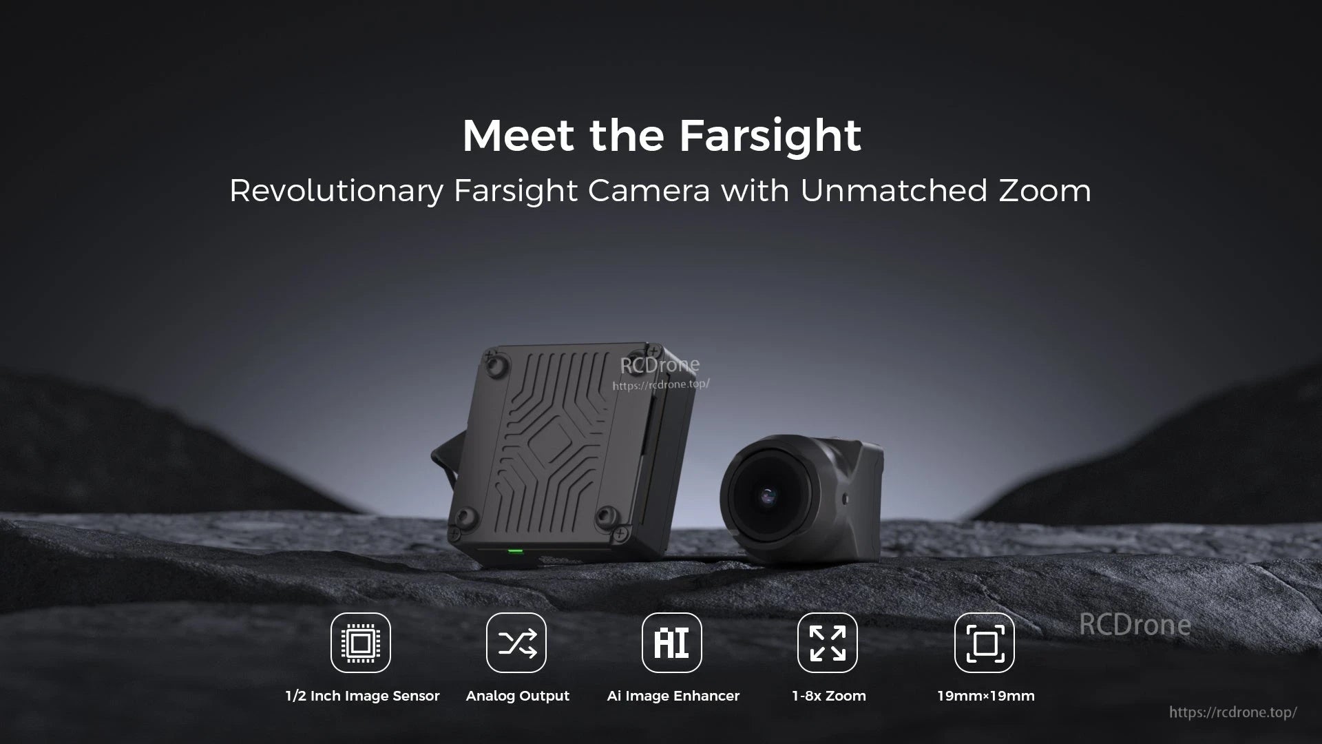 CaddxFPV Farsight Analog FPV Camera, Farsight camera features unmatched zoom, AI enhancement, analog output, 1/2" sensor, and compact 19mm design.