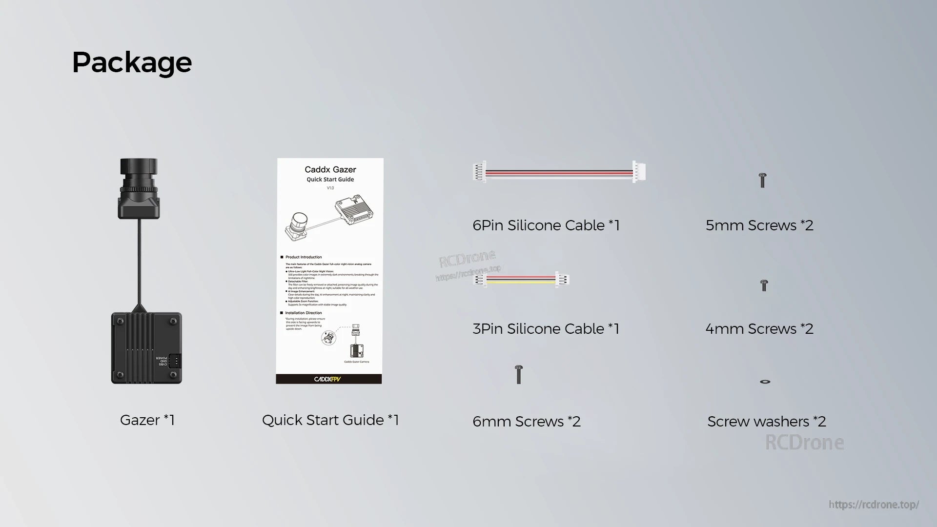 CaddxFPV Gazer Analog Camera, Package includes Gazer camera, guide, cables, screws (5mm, 4mm, 6mm), and washers for easy setup.