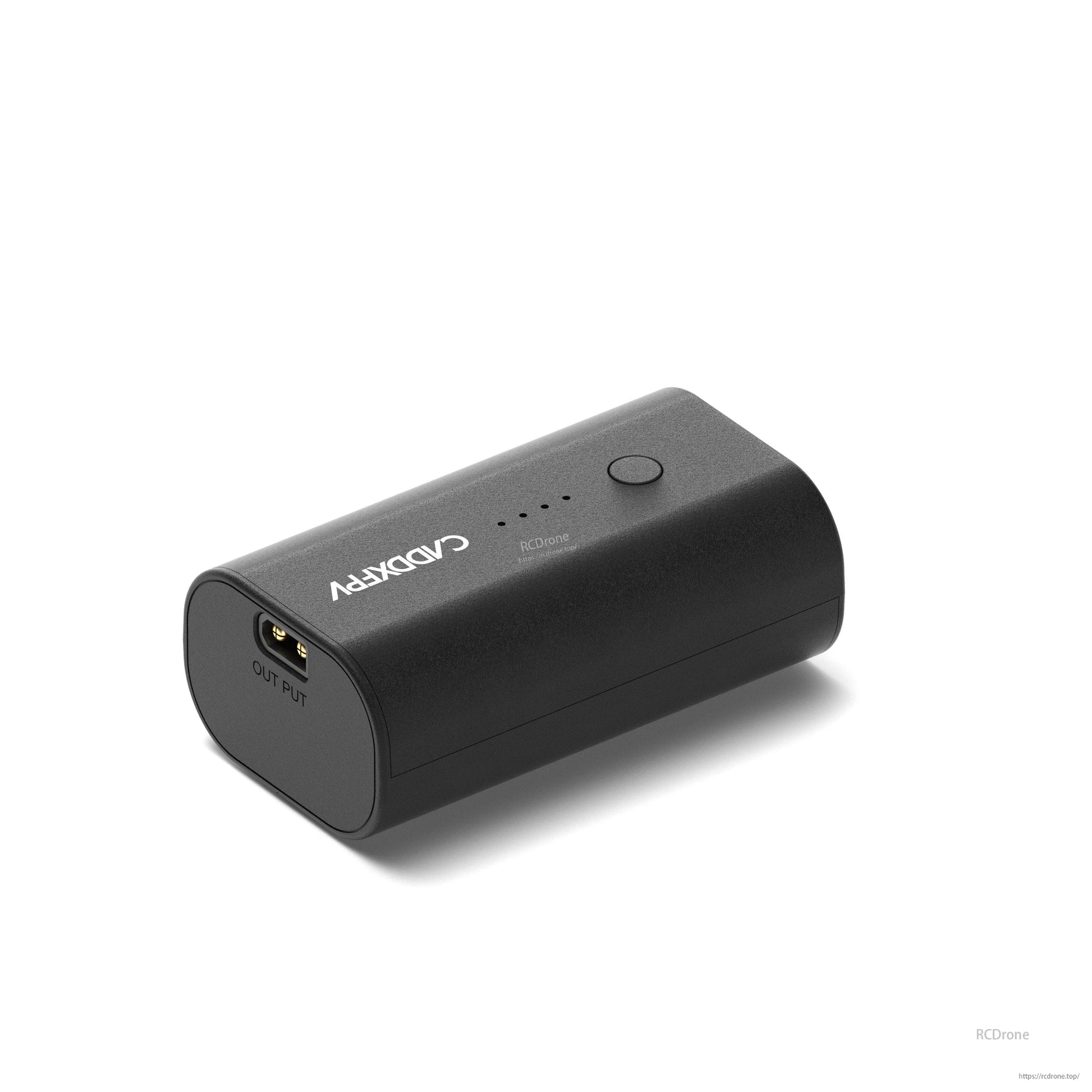 Battery pack with OUTPUT end shown, angled view of connector side and top LED indicators