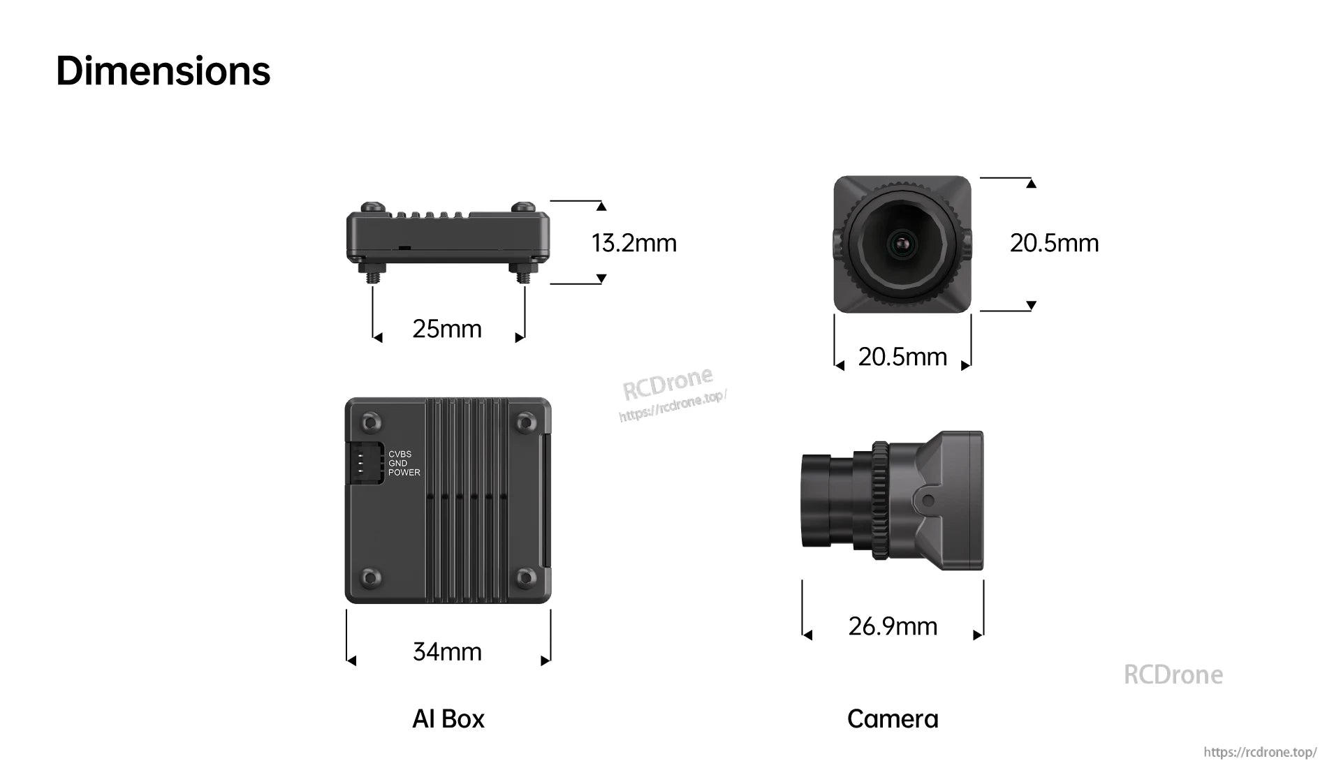 CaddxFPV Infra V2 FPV Camera, AI Box: 34mm; Camera: 20.5mm² × 26.9mm, plus 13.2mm and 25mm noted.