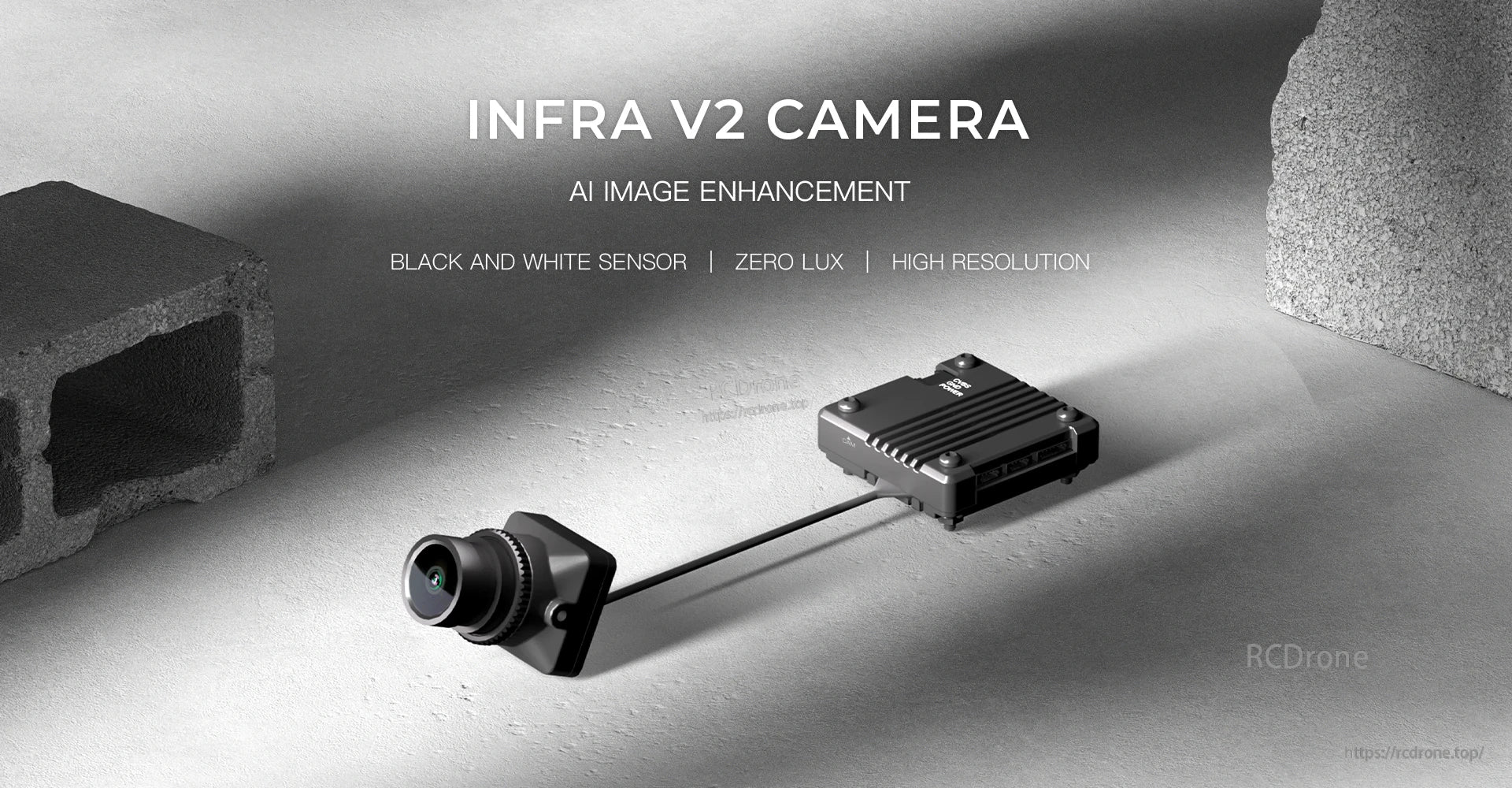 CaddxFPV Infra V2 FPV Camera, High-resolution camera improves low-light image quality using black and white sensor precision.