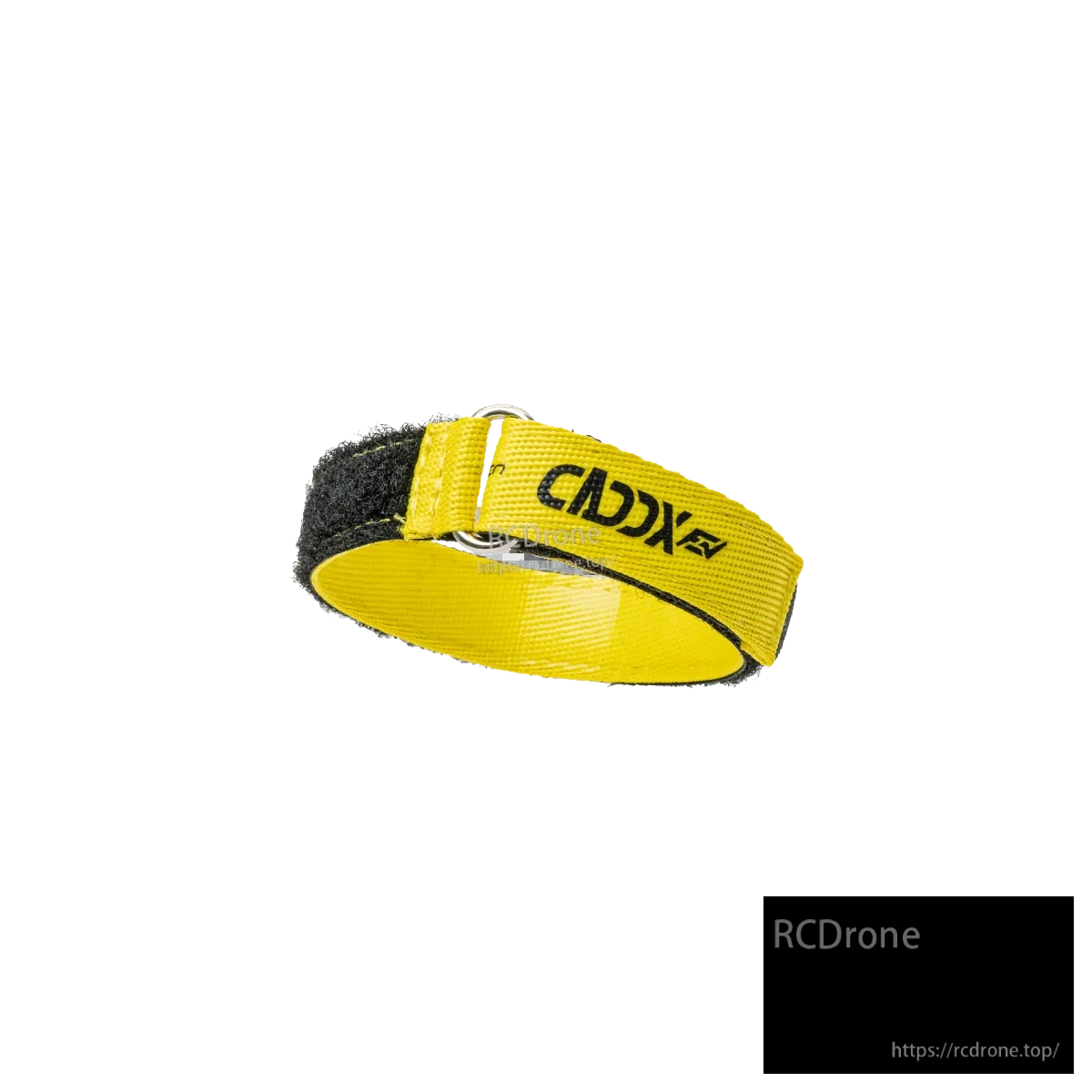 CaddxFPV Logo Battery Strap angled view showing Caddx logo print, stitched edges, and Velcro section