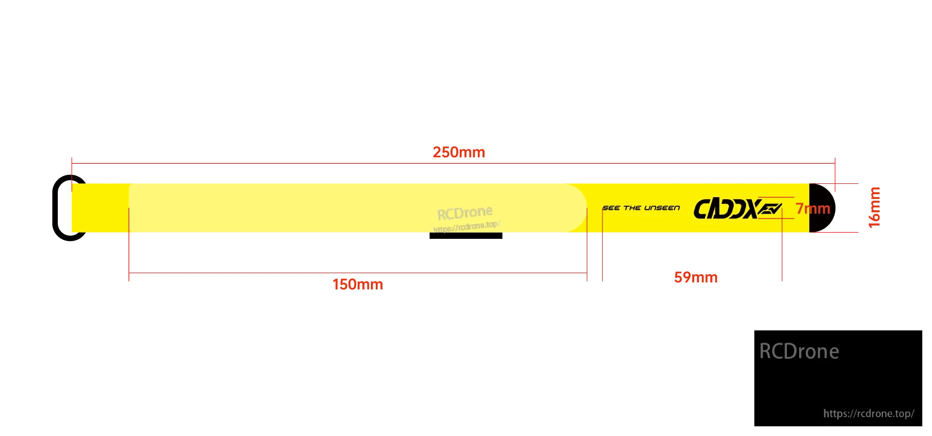 CaddxFPV Logo Battery Strap dimensions diagram showing 250 mm length, 16 mm width, and printed logo section