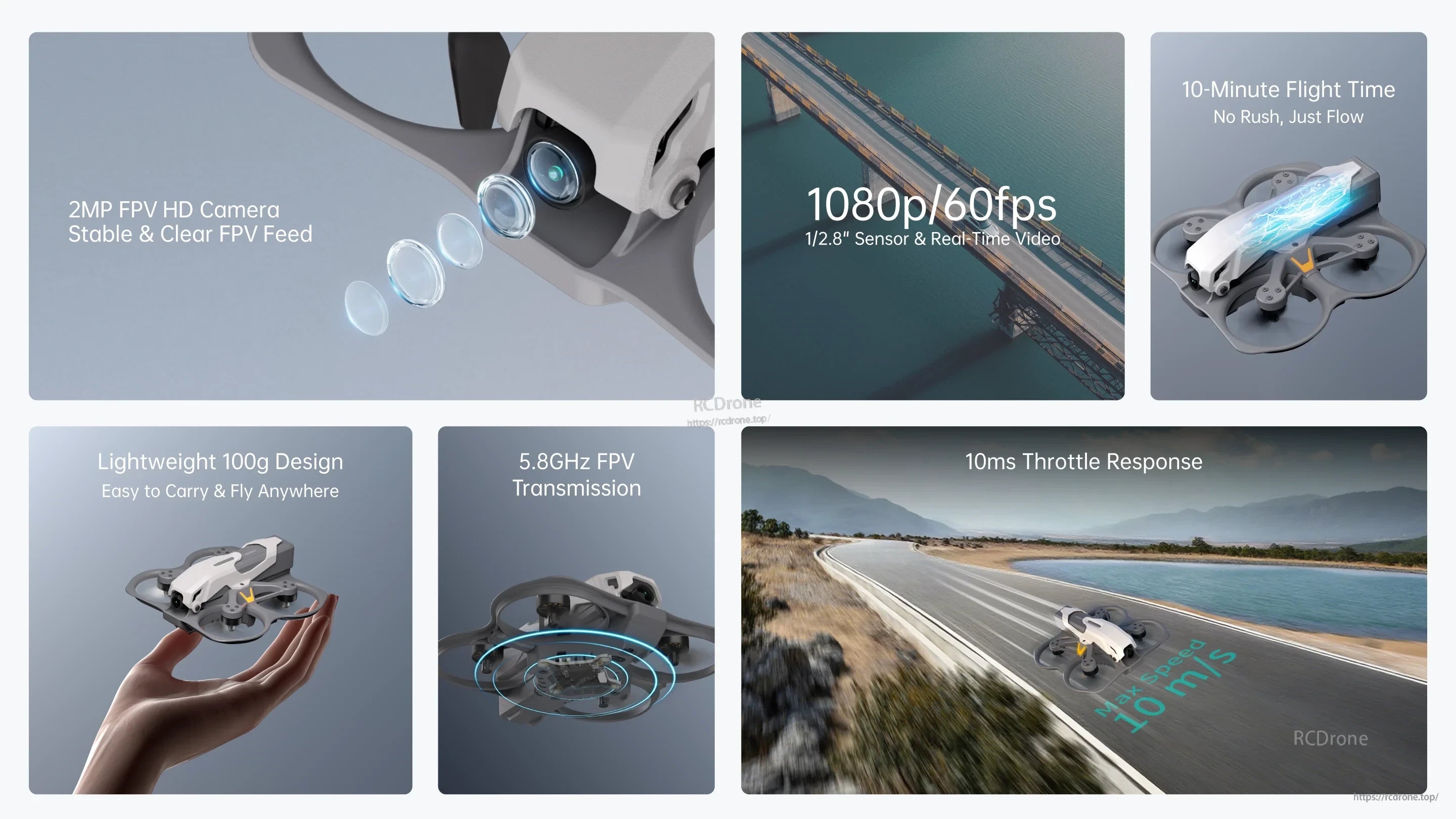 Feature grid: 2MP FPV HD camera, 1080p 60fps, 10-minute flight time, 100g lightweight design, 5.8GHz transmission, 10ms response