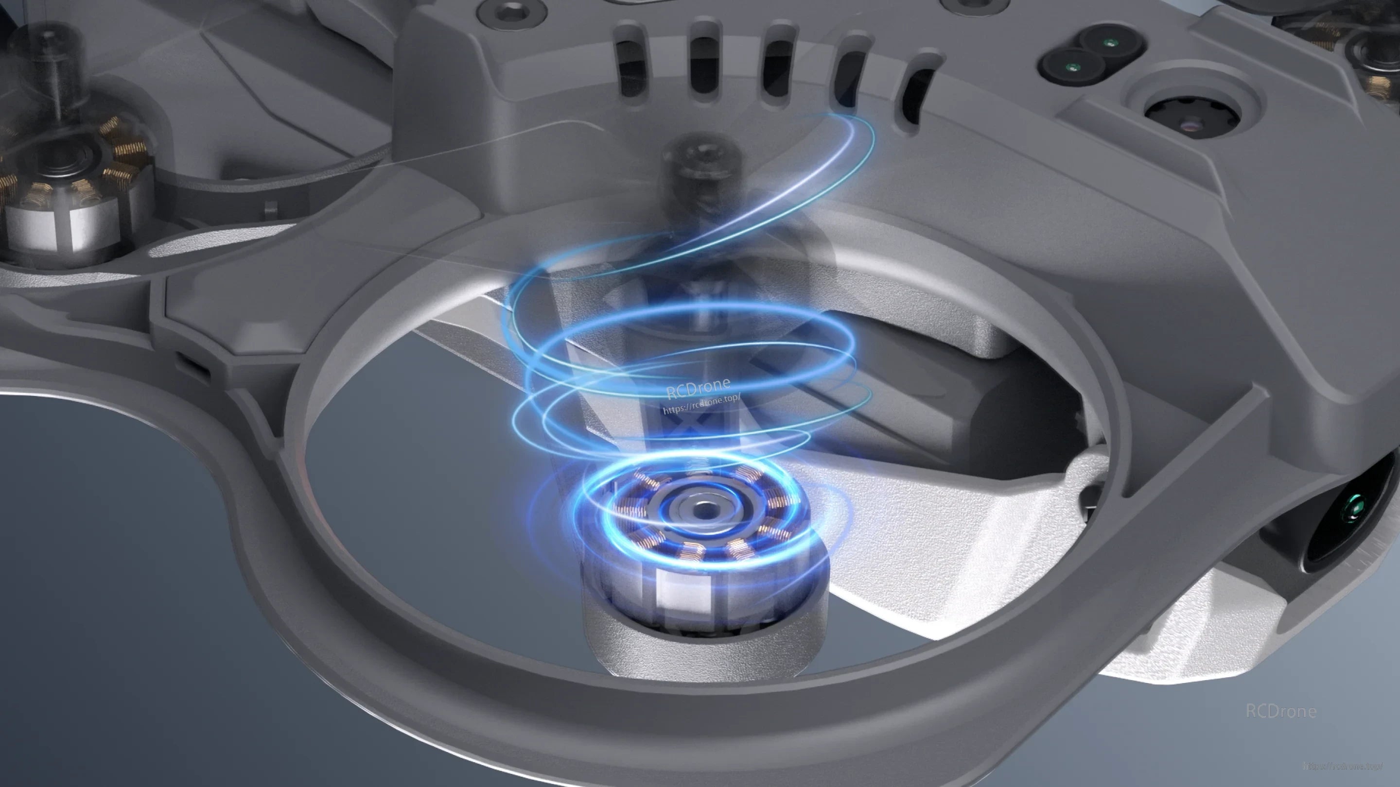 Close-up of brushless motor and ducted prop area on the Protos 1.6in quad for responsive power delivery