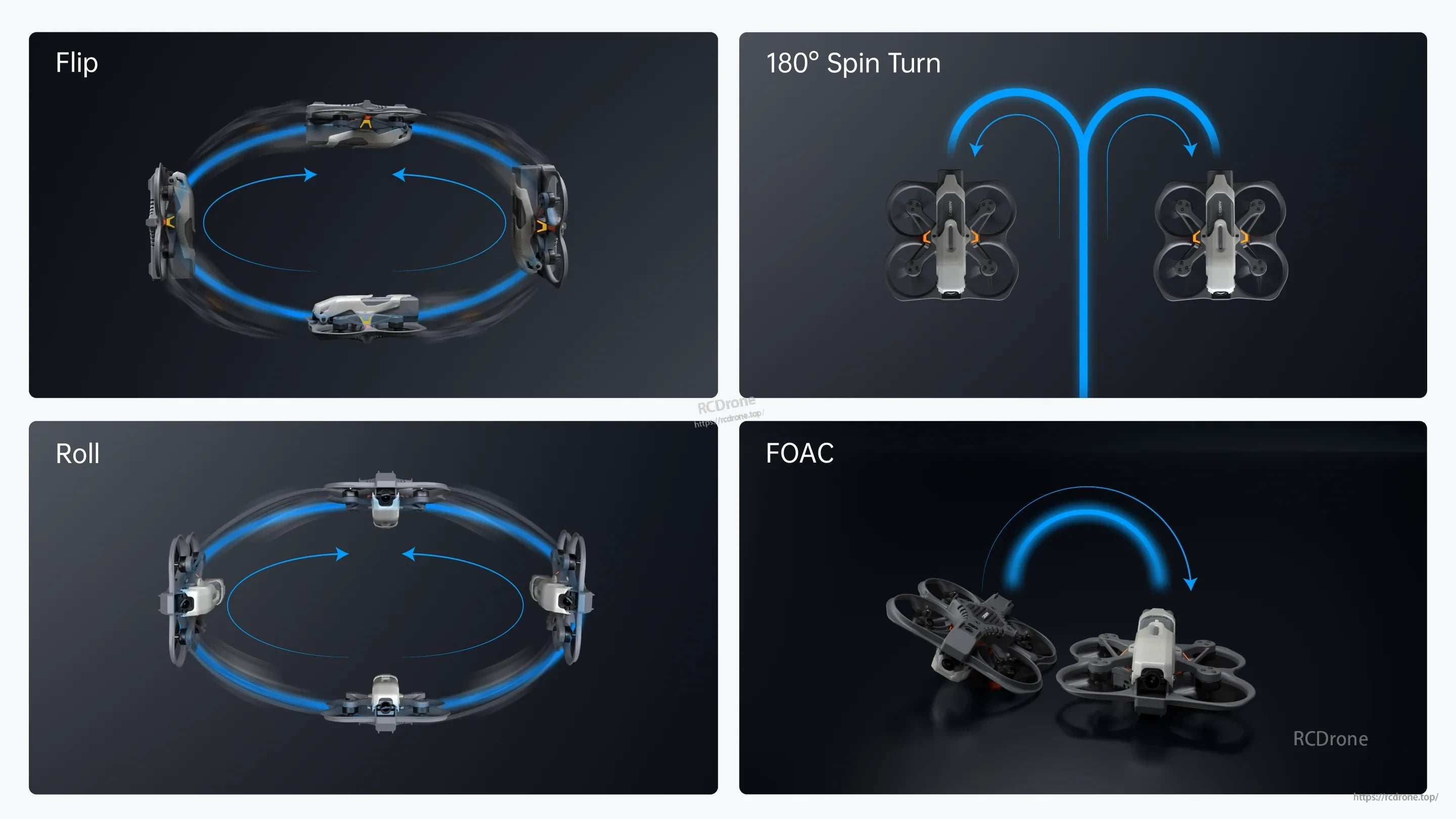 Freestyle move graphics for the Protos micro FPV quad: flip, roll, 180° spin turn, and FOAC maneuver