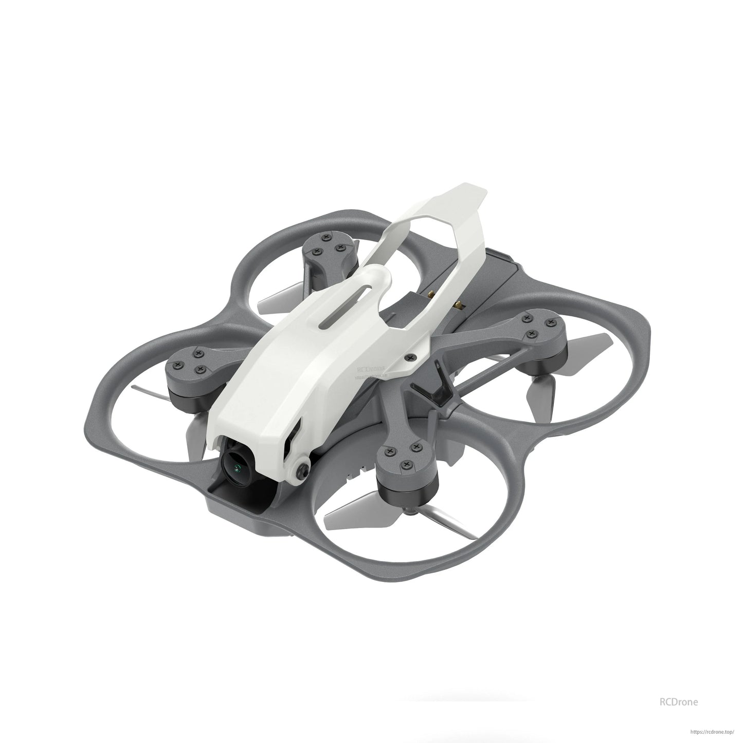Angled top view of the Protos micro FPV drone showing canopy, ducts, motors and camera housing