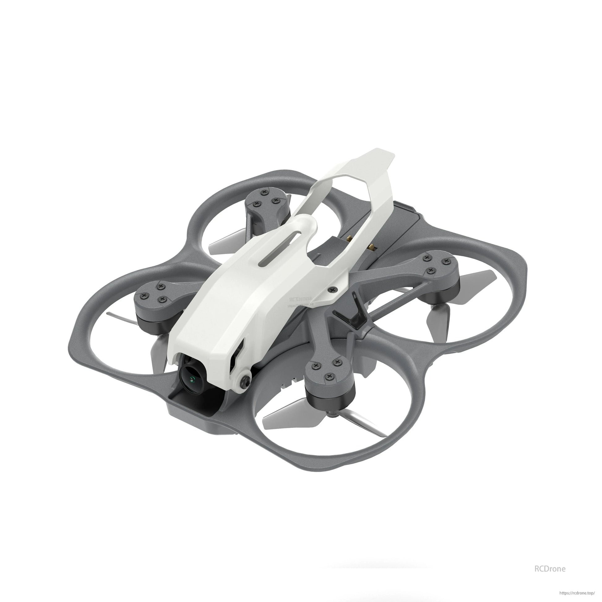 Angled top view of the Protos micro FPV drone showing canopy, ducts, motors and camera housing