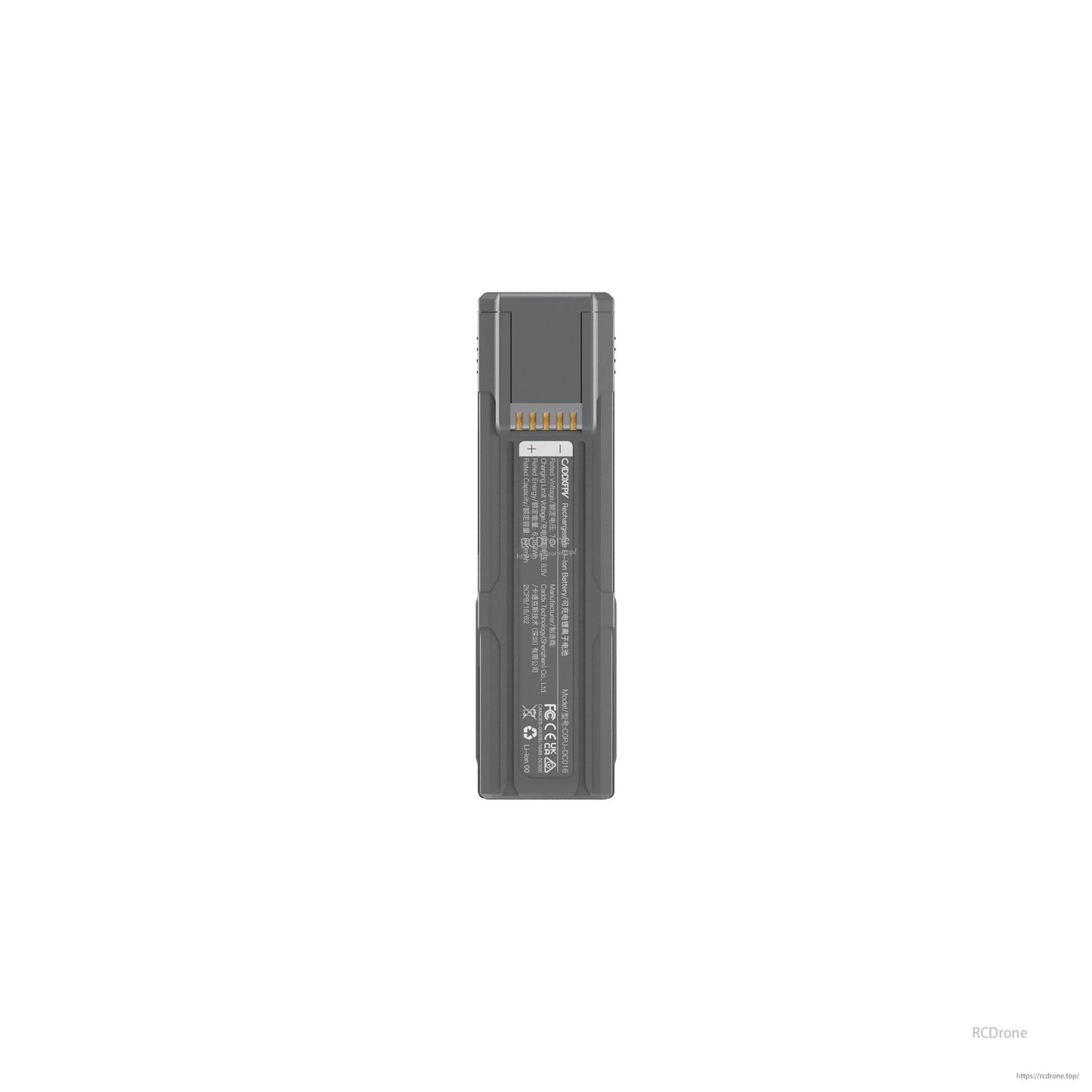 Top-down view of battery showing contact pins and specification label panel on the back