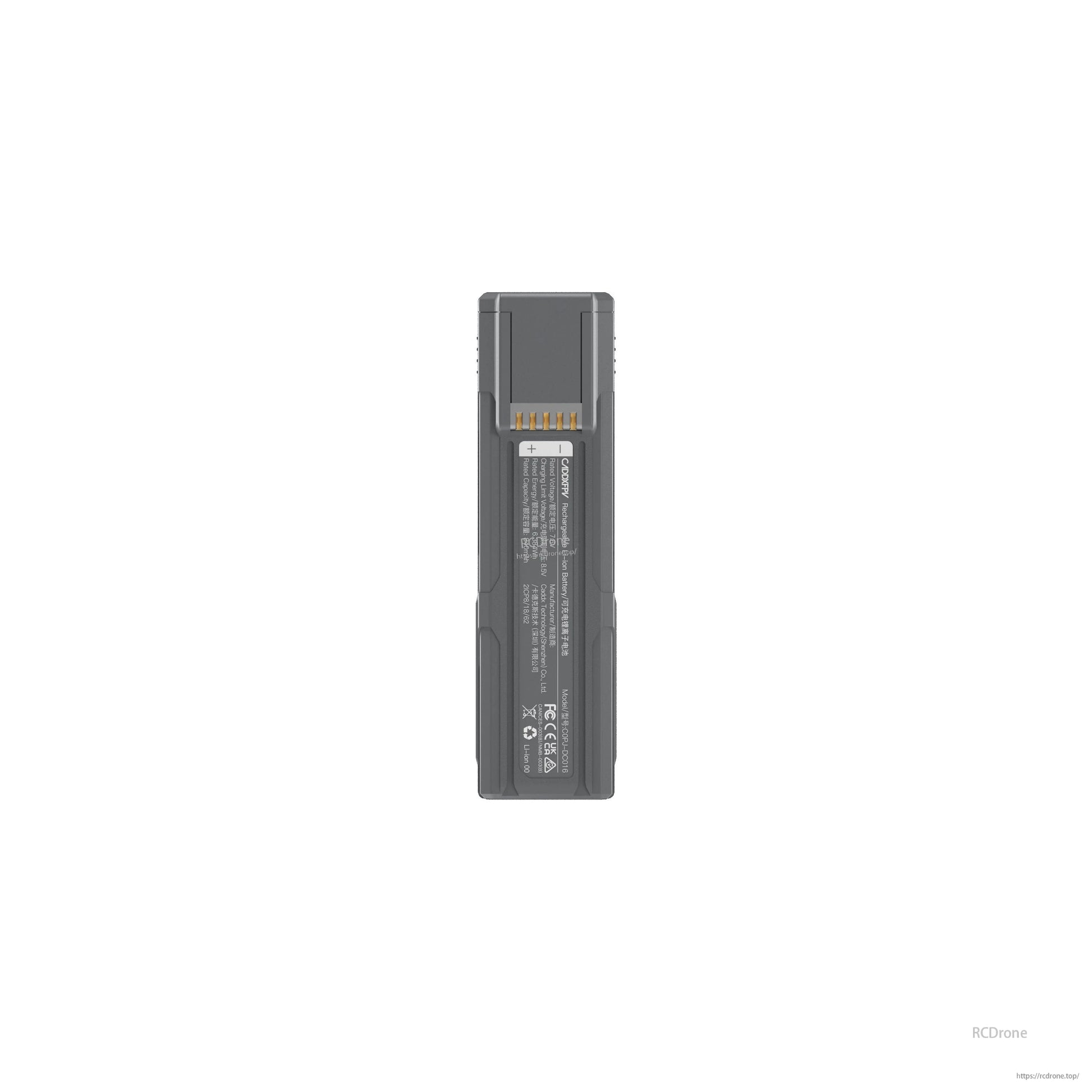 Top-down view of battery showing contact pins and specification label panel on the back