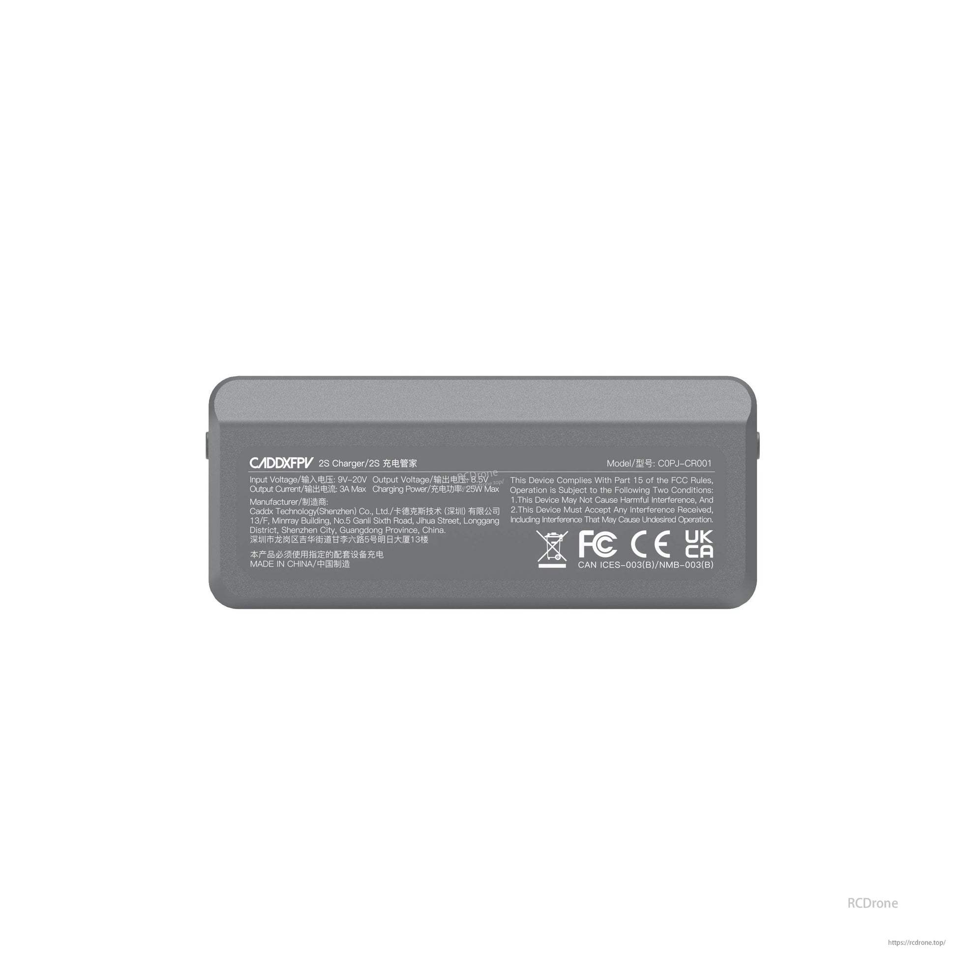 CaddxFPV Protos 2S charger underside label with model/spec text and FCC CE UKCA marks